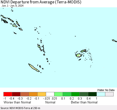 Fiji, Samoa, Solomon Isl. and Vanuatu NDVI Departure from Average (Terra-MODIS) Thematic Map For 1/1/2024 - 1/8/2024