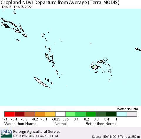Fiji, Samoa, Solomon Isl. and Vanuatu Cropland NDVI Departure from Average (Terra-MODIS) Thematic Map For 2/18/2022 - 2/25/2022