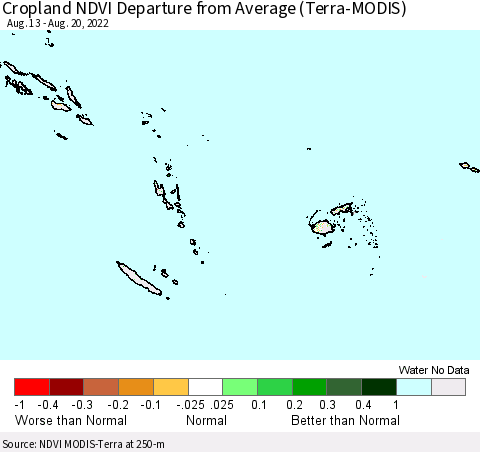 Fiji, Samoa, Solomon Isl. and Vanuatu Cropland NDVI Departure from Average (Terra-MODIS) Thematic Map For 8/13/2022 - 8/20/2022
