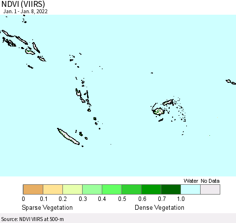 Fiji, Samoa, Solomon Isl. and Vanuatu NDVI (VIIRS) Thematic Map For 1/1/2022 - 1/8/2022