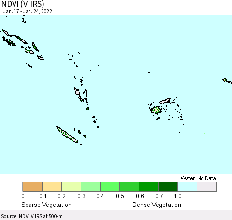 Fiji, Samoa, Solomon Isl. and Vanuatu NDVI (VIIRS) Thematic Map For 1/17/2022 - 1/24/2022