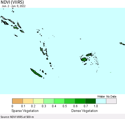 Fiji, Samoa, Solomon Isl. and Vanuatu NDVI (VIIRS) Thematic Map For 6/2/2022 - 6/9/2022