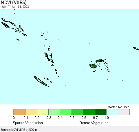 Fiji, Samoa, Solomon Isl. and Vanuatu NDVI (VIIRS) Thematic Map For 4/7/2023 - 4/14/2023