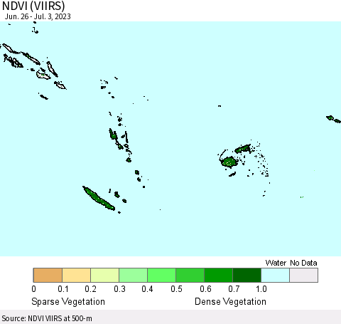 Fiji, Samoa, Solomon Isl. and Vanuatu NDVI (VIIRS) Thematic Map For 6/26/2023 - 7/3/2023