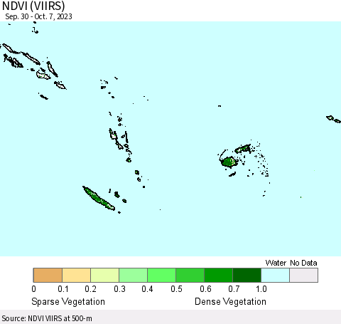 Fiji, Samoa, Solomon Isl. and Vanuatu NDVI (VIIRS) Thematic Map For 9/30/2023 - 10/7/2023
