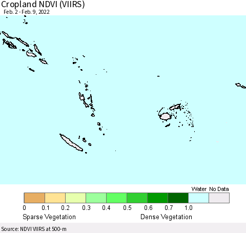Fiji, Samoa, Solomon Isl. and Vanuatu Cropland NDVI (VIIRS) Thematic Map For 2/2/2022 - 2/9/2022