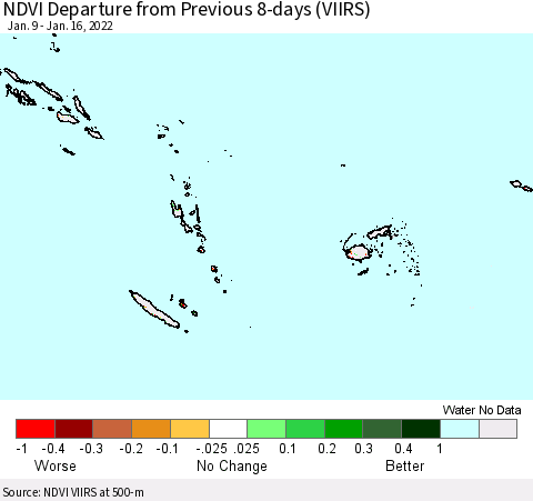 Fiji, Samoa, Solomon Isl. and Vanuatu NDVI Departure from Previous 8-days (VIIRS) Thematic Map For 1/9/2022 - 1/16/2022
