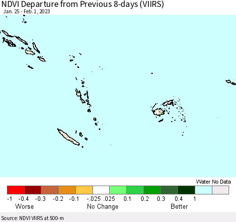 Fiji, Samoa, Solomon Isl. and Vanuatu NDVI Departure from Previous 8-days (VIIRS) Thematic Map For 1/25/2023 - 2/1/2023