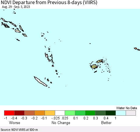 Fiji, Samoa, Solomon Isl. and Vanuatu NDVI Departure from Previous 8-days (VIIRS) Thematic Map For 8/29/2023 - 9/5/2023
