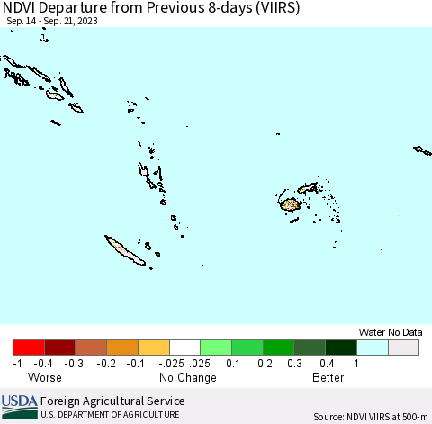 Fiji, Samoa, Solomon Isl. and Vanuatu NDVI Departure from Previous 8-days (VIIRS) Thematic Map For 9/14/2023 - 9/21/2023