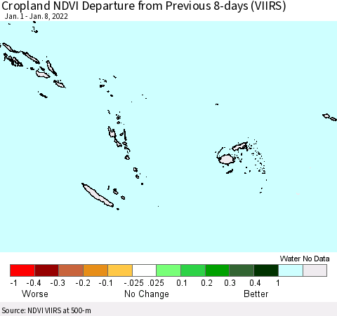 Fiji, Samoa, Solomon Isl. and Vanuatu Cropland NDVI Departure from Previous 8-days (VIIRS) Thematic Map For 1/1/2022 - 1/8/2022