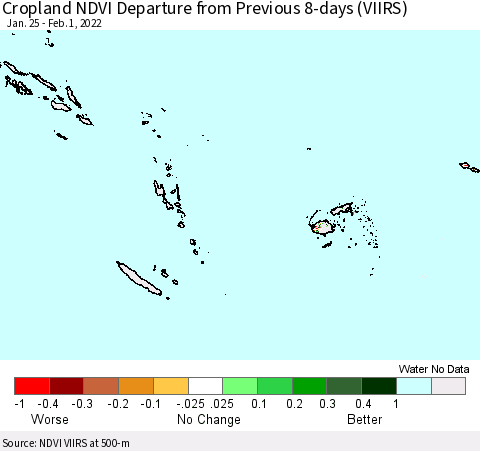 Fiji, Samoa, Solomon Isl. and Vanuatu Cropland NDVI Departure from Previous 8-days (VIIRS) Thematic Map For 1/25/2022 - 2/1/2022