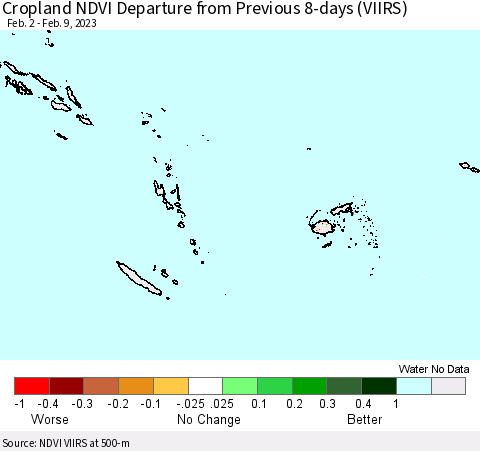 Fiji, Samoa, Solomon Isl. and Vanuatu Cropland NDVI Departure from Previous 8-days (VIIRS) Thematic Map For 2/2/2023 - 2/9/2023