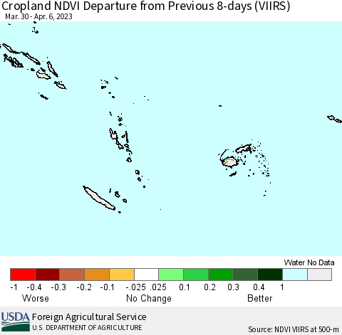 Fiji, Samoa, Solomon Isl. and Vanuatu Cropland NDVI Departure from Previous 8-days (VIIRS) Thematic Map For 3/30/2023 - 4/6/2023