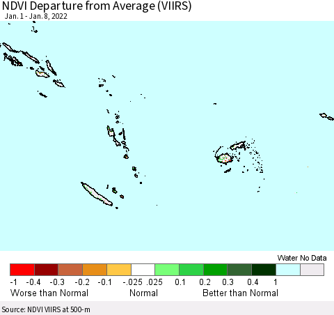 Fiji, Samoa, Solomon Isl. and Vanuatu NDVI Departure from Average (VIIRS) Thematic Map For 1/1/2022 - 1/8/2022