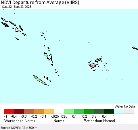 Fiji, Samoa, Solomon Isl. and Vanuatu NDVI Departure from Average (VIIRS) Thematic Map For 9/22/2023 - 9/29/2023