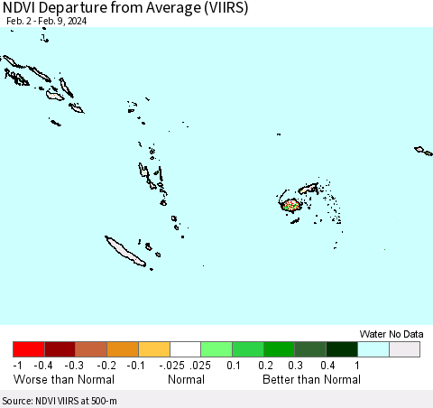 Fiji, Samoa, Solomon Isl. and Vanuatu NDVI Departure from Average (VIIRS) Thematic Map For 2/2/2024 - 2/9/2024
