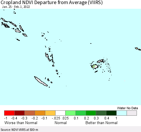Fiji, Samoa, Solomon Isl. and Vanuatu Cropland NDVI Departure from Average (VIIRS) Thematic Map For 1/25/2022 - 2/1/2022