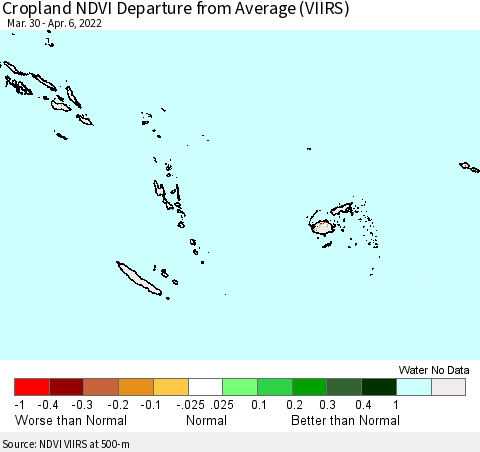 Fiji, Samoa, Solomon Isl. and Vanuatu Cropland NDVI Departure from Average (VIIRS) Thematic Map For 3/30/2022 - 4/6/2022