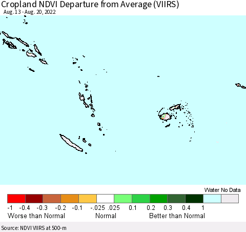 Fiji, Samoa, Solomon Isl. and Vanuatu Cropland NDVI Departure from Average (VIIRS) Thematic Map For 8/13/2022 - 8/20/2022