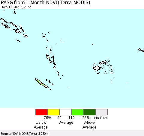 Fiji, Samoa, Solomon Isl. and Vanuatu PASG from 1-Month NDVI (Terra-MODIS) Thematic Map For 1/1/2022 - 1/8/2022