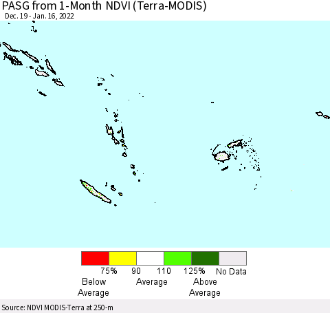 Fiji, Samoa, Solomon Isl. and Vanuatu PASG from 1-Month NDVI (Terra-MODIS) Thematic Map For 1/9/2022 - 1/16/2022