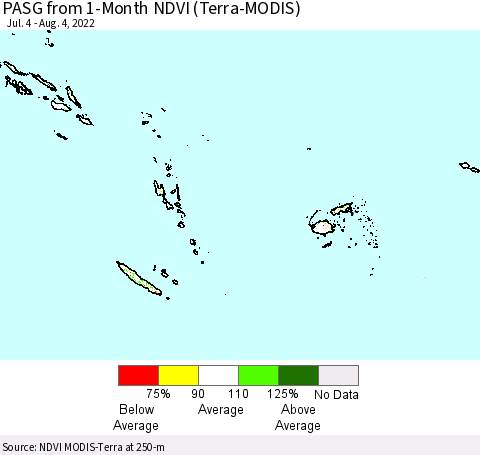 Fiji, Samoa, Solomon Isl. and Vanuatu PASG from 1-Month NDVI (Terra-MODIS) Thematic Map For 7/28/2022 - 8/4/2022