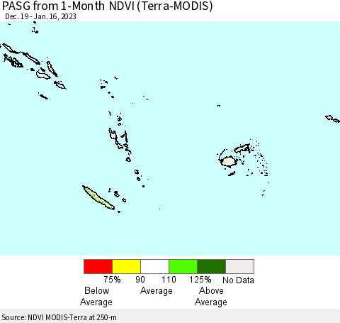 Fiji, Samoa, Solomon Isl. and Vanuatu PASG from 1-Month NDVI (Terra-MODIS) Thematic Map For 1/9/2023 - 1/16/2023