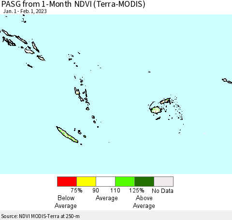 Fiji, Samoa, Solomon Isl. and Vanuatu PASG from 1-Month NDVI (Terra-MODIS) Thematic Map For 1/25/2023 - 2/1/2023