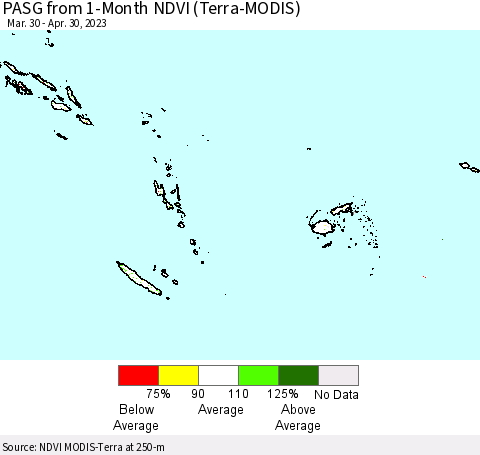Fiji, Samoa, Solomon Isl. and Vanuatu PASG from 1-Month NDVI (Terra-MODIS) Thematic Map For 4/23/2023 - 4/30/2023