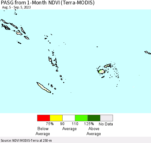 Fiji, Samoa, Solomon Isl. and Vanuatu PASG from 1-Month NDVI (Terra-MODIS) Thematic Map For 8/29/2023 - 9/5/2023