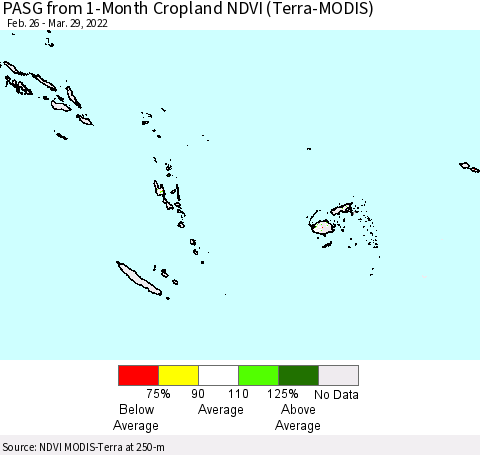 Fiji, Samoa, Solomon Isl. and Vanuatu PASG from 1-Month Cropland NDVI (Terra-MODIS) Thematic Map For 3/22/2022 - 3/29/2022