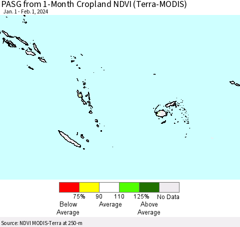 Fiji, Samoa, Solomon Isl. and Vanuatu PASG from 1-Month Cropland NDVI (Terra-MODIS) Thematic Map For 1/25/2024 - 2/1/2024