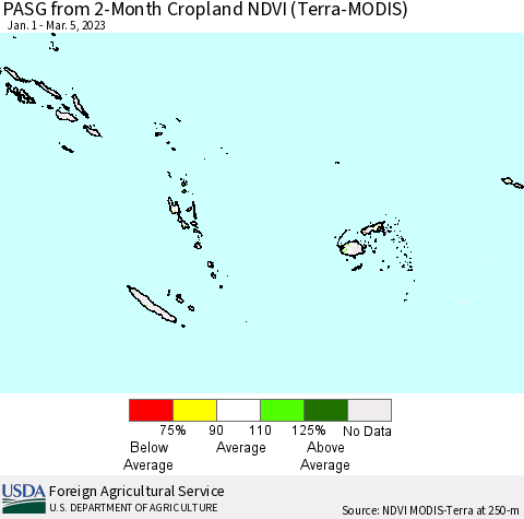 Fiji, Samoa, Solomon Isl. and Vanuatu PASG from 2-Month Cropland NDVI (Terra-MODIS) Thematic Map For 2/26/2023 - 3/5/2023