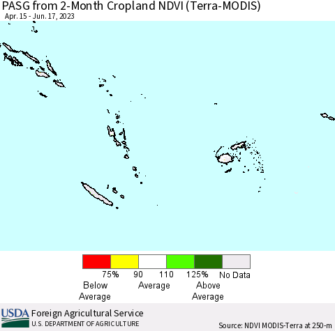 Fiji, Samoa, Solomon Isl. and Vanuatu PASG from 2-Month Cropland NDVI (Terra-MODIS) Thematic Map For 6/10/2023 - 6/17/2023