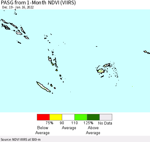 Fiji, Samoa, Solomon Isl. and Vanuatu PASG from 1-Month NDVI (VIIRS) Thematic Map For 1/9/2022 - 1/16/2022