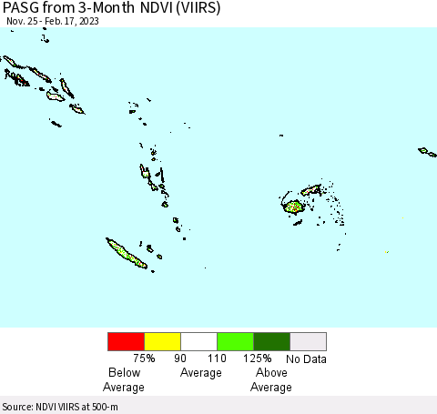 Fiji, Samoa, Solomon Isl. and Vanuatu PASG from 3-Month NDVI (VIIRS) Thematic Map For 2/10/2023 - 2/17/2023