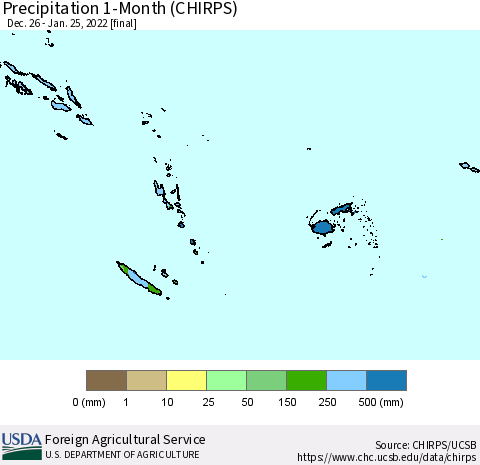 Fiji, Samoa, Solomon Isl. and Vanuatu Precipitation 1-Month (CHIRPS) Thematic Map For 12/26/2021 - 1/25/2022
