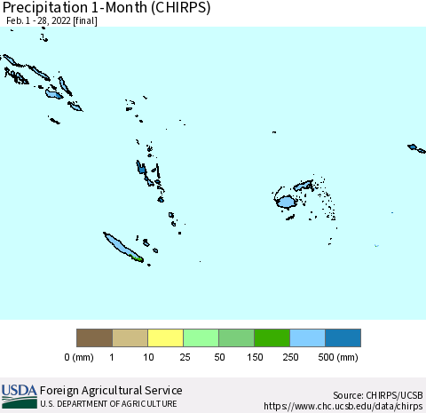 Fiji, Samoa, Solomon Isl. and Vanuatu Precipitation 1-Month (CHIRPS) Thematic Map For 2/1/2022 - 2/28/2022