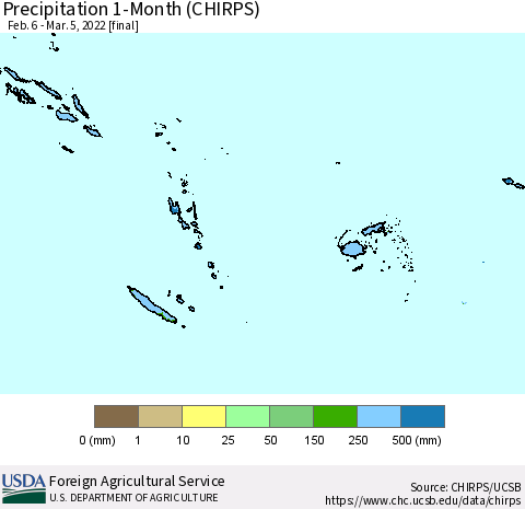 Fiji, Samoa, Solomon Isl. and Vanuatu Precipitation 1-Month (CHIRPS) Thematic Map For 2/6/2022 - 3/5/2022