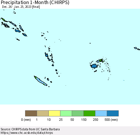 Fiji, Samoa, Solomon Isl. and Vanuatu Precipitation 1-Month (CHIRPS) Thematic Map For 12/26/2022 - 1/25/2023