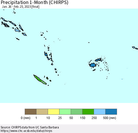 Fiji, Samoa, Solomon Isl. and Vanuatu Precipitation 1-Month (CHIRPS) Thematic Map For 1/26/2023 - 2/25/2023