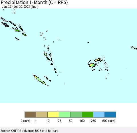 Fiji, Samoa, Solomon Isl. and Vanuatu Precipitation 1-Month (CHIRPS) Thematic Map For 6/11/2023 - 7/10/2023