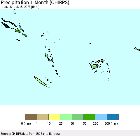 Fiji, Samoa, Solomon Isl. and Vanuatu Precipitation 1-Month (CHIRPS) Thematic Map For 6/16/2023 - 7/15/2023