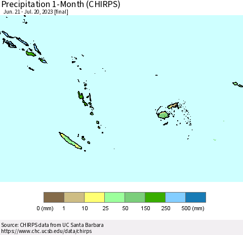 Fiji, Samoa, Solomon Isl. and Vanuatu Precipitation 1-Month (CHIRPS) Thematic Map For 6/21/2023 - 7/20/2023