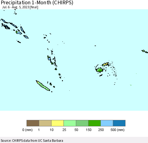 Fiji, Samoa, Solomon Isl. and Vanuatu Precipitation 1-Month (CHIRPS) Thematic Map For 7/6/2023 - 8/5/2023