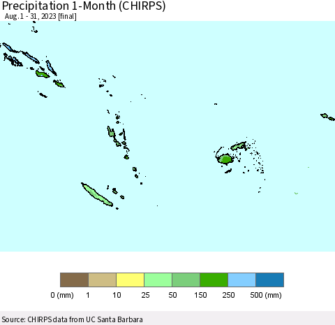 Fiji, Samoa, Solomon Isl. and Vanuatu Precipitation 1-Month (CHIRPS) Thematic Map For 8/1/2023 - 8/31/2023