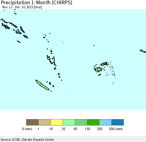Fiji, Samoa, Solomon Isl. and Vanuatu Precipitation 1-Month (CHIRPS) Thematic Map For 11/11/2023 - 12/10/2023