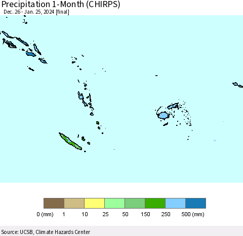 Fiji, Samoa, Solomon Isl. and Vanuatu Precipitation 1-Month (CHIRPS) Thematic Map For 12/26/2023 - 1/25/2024