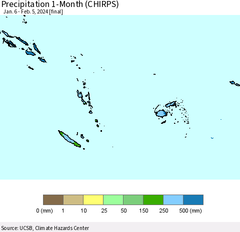 Fiji, Samoa, Solomon Isl. and Vanuatu Precipitation 1-Month (CHIRPS) Thematic Map For 1/6/2024 - 2/5/2024